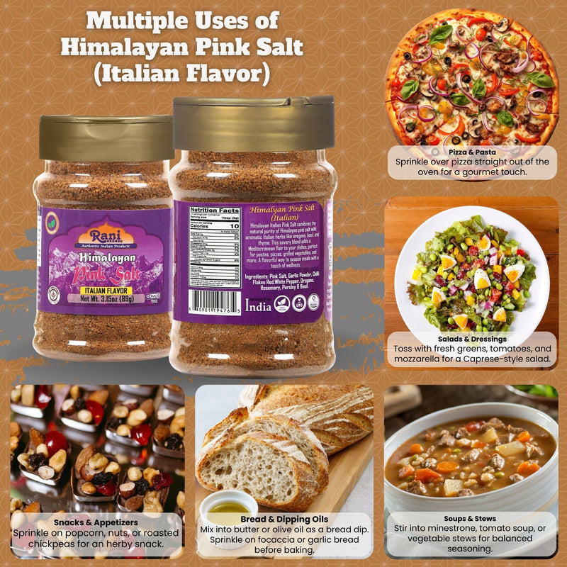Rani Himalayan Pink Salt Italian Flavor (84 Essential Trace Minerals) 3.15oz (89g) PET Jar ~ All Natural | Vegan | Gluten Friendly | NON-GMO | Indian Origin