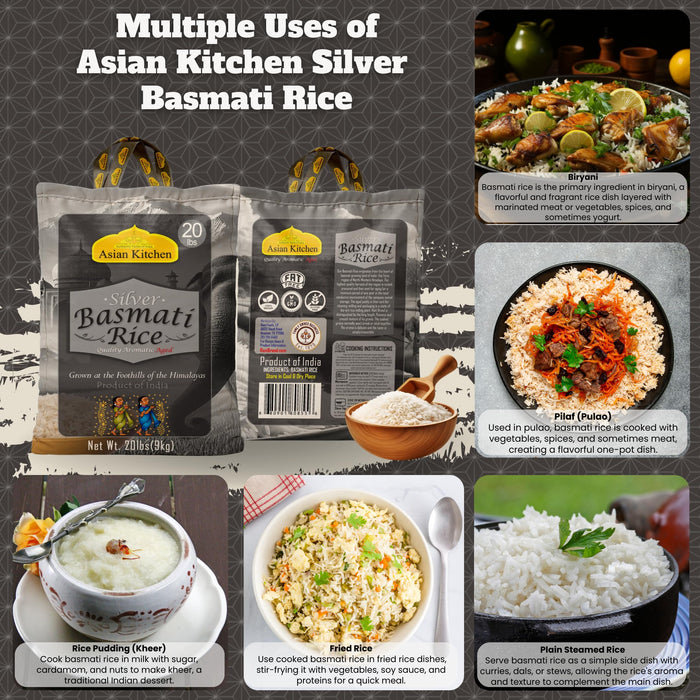 Asian Kitchen Silver White Basmati Rice Aged, 20 Pound (20lbs, 9.08kg) ~ All Natural | Gluten Friendly | Vegan | Indian Origin | Export Quality
