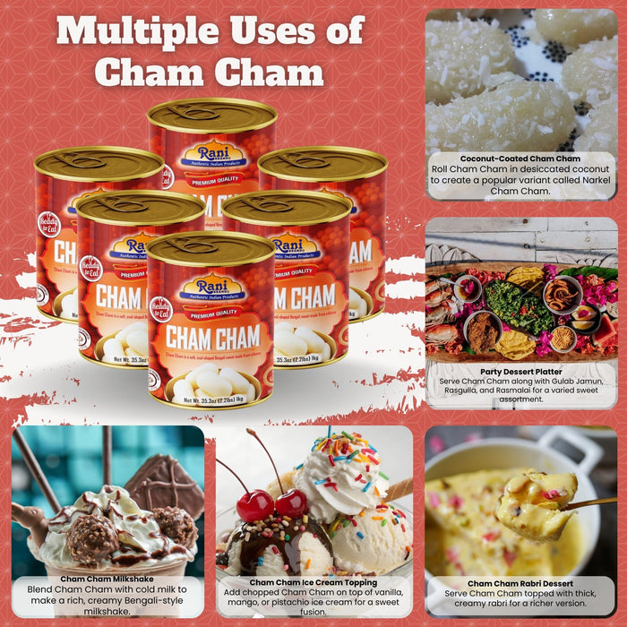 Rani Cham Cham (Oval-shaped Bengali Sweet) 35.3oz (2.2lbs) 1kg, Pack of 6, Approximately 14 pieces, Easy Open Lid ~ Ready to eat | Gluten Free | Non-GMO | Kosher | Indian Origin