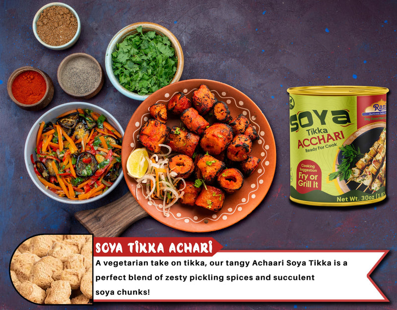 Rani Soya Tikka Achari 30oz (1.875lbs) 850g, Pack of 6, Ready for Cook ~ Easy Open Lid | All Natural | Vegan | No Colors | NON-GMO | Kosher | Indian Origin | Soy Based Meat Substitute
