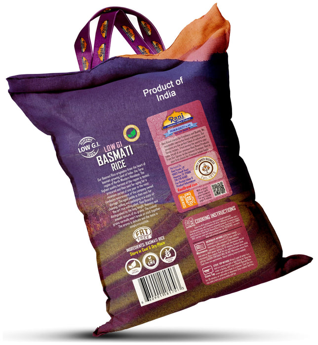 Rani White Basmati Rice Low GI (Glycemic Index) Extra Long Aged, Ideal for Diabetics, 10lbs (160oz) 4.53kg Cloth Bag ~ All Natural | Gluten Free | Vegan | Indian Origin | Export Quality