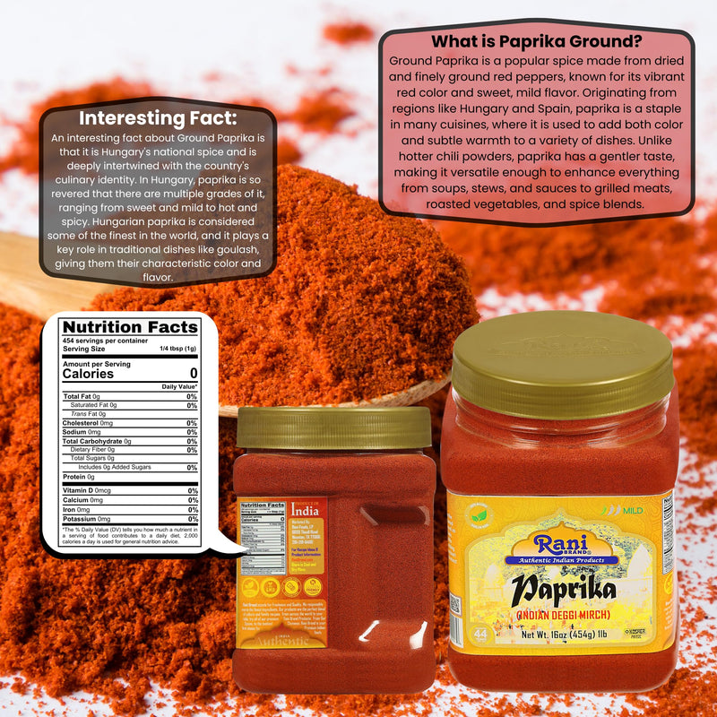 Rani Paprika (Deggi Mirch, Low Heat) Spice Powder, Ground 16oz (1lb) 454g PET Jar ~ All Natural, Salt-Free | Vegan | No Colors | Gluten Friendly | NON-GMO | Kosher | Indian Origin