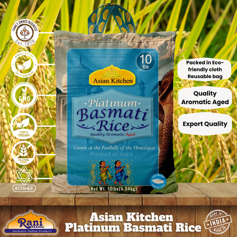 Asian Kitchen Platinum White Basmati Rice Extra Long Aged 10lbs (4.54kg) ~ All Natural | Vegan | Gluten Friendly | Indian Origin