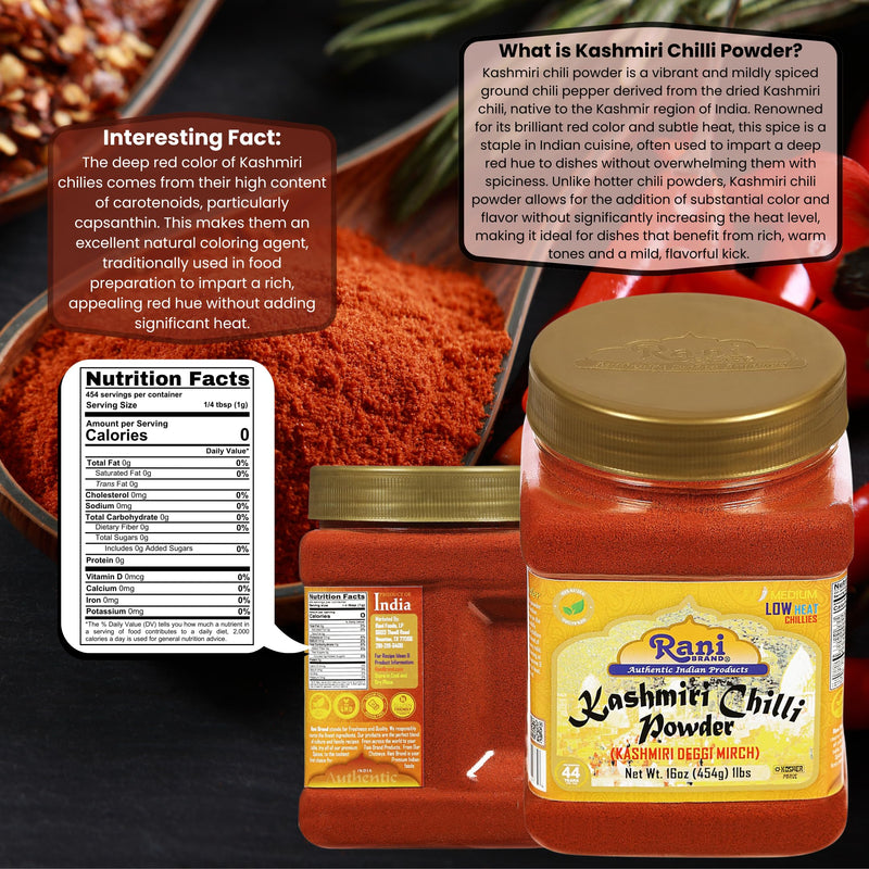 Rani Kashmiri Chili Powder (Deggi Mirch) 1 lb (16 oz) 454 g Jar - Mild, Low Heat, Rich Red Color for Tandoori, Curry & Deviled Eggs | All Natural, Salt-Free, Vegan, Kosher