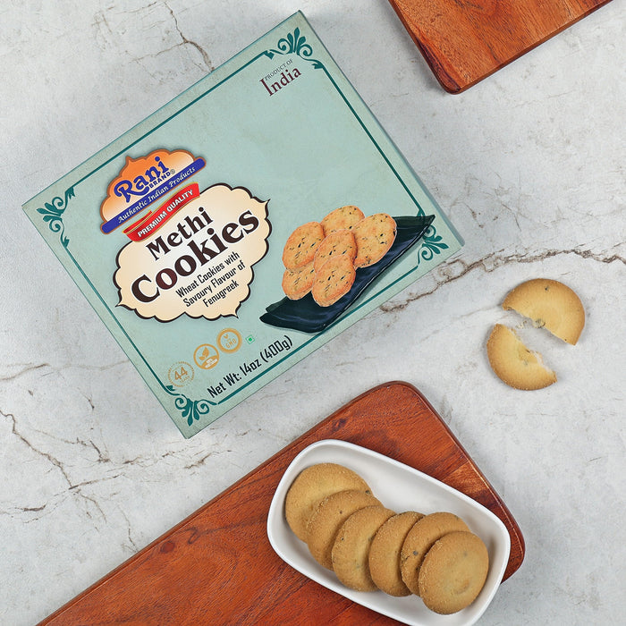 Rani Methi Cookies (Wheat Cookies with Savoury Flavour of Fenugreek) 14oz (400g) Pack of 3+1 FREE, Premium Quality Indian Cookies ~ All Natural | Vegan | Non-GMO | Indian Origin