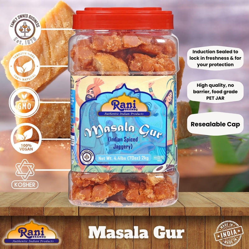 Rani Masala Gur (Jaggery) Indian Unrefined Raw Cane Sugar 70oz (4.4lbs) 2kg PET Jar ~ Gluten Friendly | Vegan | NON-GMO | Kosher | No Salt or fillers | Indian Product
