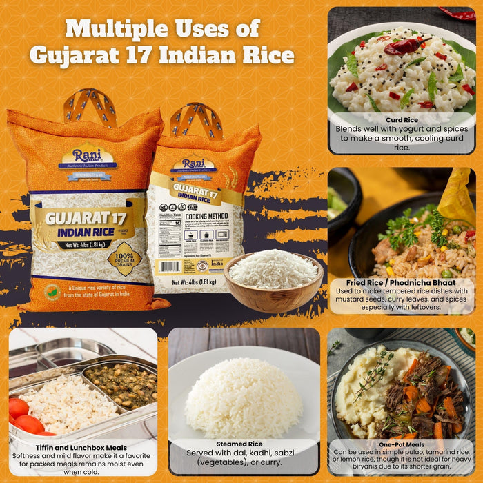 Rani Gujarat 17 Indian Rice 64oz (4lbs) 1.81kg Cloth Bag ~ All Natural | Gluten Friendly | Vegan | Kosher | Export Quality | Indian Origin