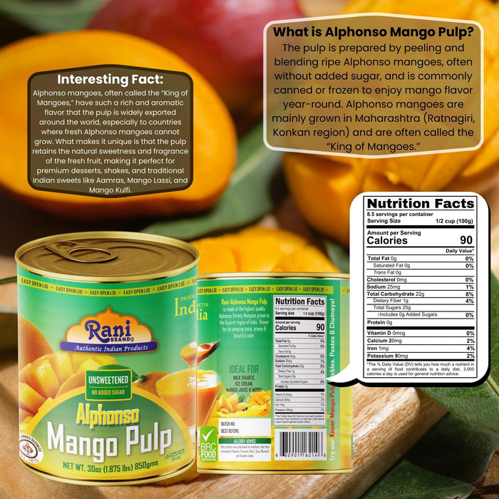 Rani Mango Pulp Puree (Makes Mango Lassi Shakes) Alphonso Unsweetened 30oz (1.875lbs) 850g Pack of 6 ~ Kosher | All Natural | NON-GMO | Vegan | No colors | Gluten Friendly | Indian Origin