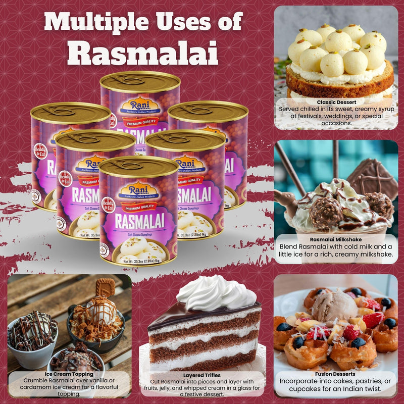 Rani Rasmalai (Soft Cheese Dumplings) 35.3oz (2.2lbs) 1kg, Pack of 6, Approximately 14 pieces, Easy Open Lid ~ Ready to eat | Gluten Friendly | Vegan | Non-GMO | Kosher | Indian Origin