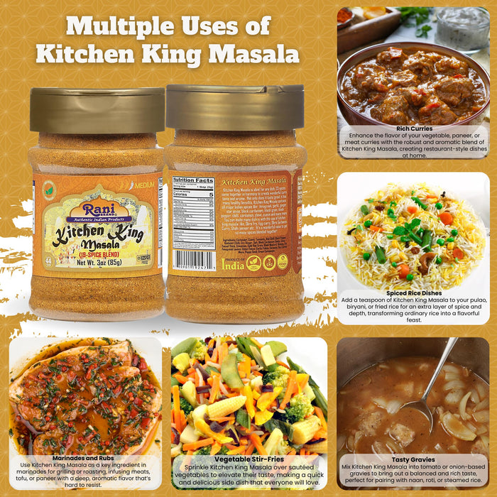 Rani Kitchen King Masala (20-Spice Curry blend) 3oz (85g) PET Jar ~ All Natural | Vegan | No Colors | Gluten Friendly | NON-GMO | Kosher | Indian Origin