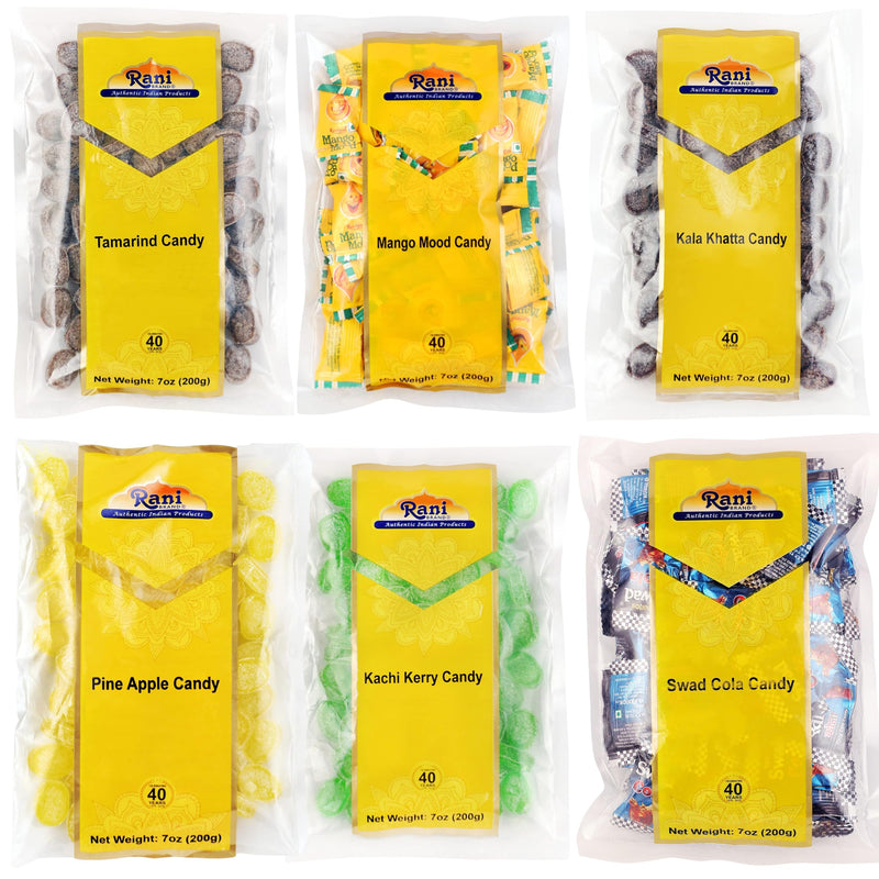 Rani Assorted Candies 7oz (200g) Pack of 6, Cola, Kachi Kerry, Kala Khatta, Tamarind, Pineapple, Mango Mood Candy ~ Indian Tasty Treats | Vegan | Gluten Friendly | NON-GMO | Indian Origin
