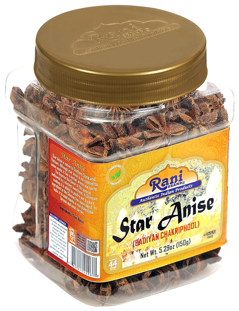 Rani Star Anise Seeds, Whole Pods (Badian Khatai) Spice 5.29oz (150g) PET Jar ~ All Natural | Gluten Friendly | Kosher | Vegan | Whole Chinese Anise Star Sun Dried Spice, Anis Estrella / Illicium Verum, Widely Used for Baking, Drinks, Cooking, and Tea