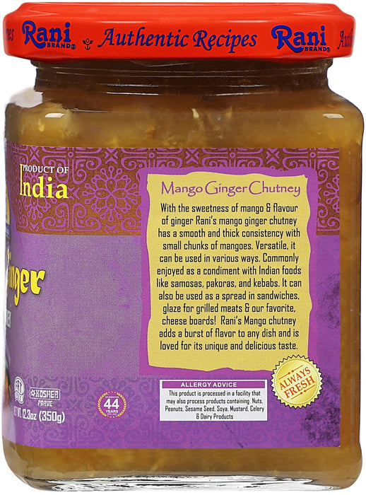 Rani Mango & Ginger Chutney (Indian Preserve) 10.5oz (300g) Glass Jar, Ready to eat, Vegan ~ Gluten Free Ingredients, All Natural, NON-GMO