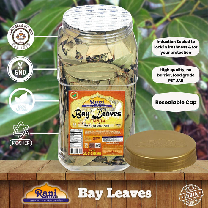 Rani Bay Leaf (Leaves) Whole Spice Hand Selected Extra Large 16oz (1lb) 454g PET Jar ~ All Natural | Gluten Friendly | NON-GMO | Vegan | Kosher | Indian Origin
