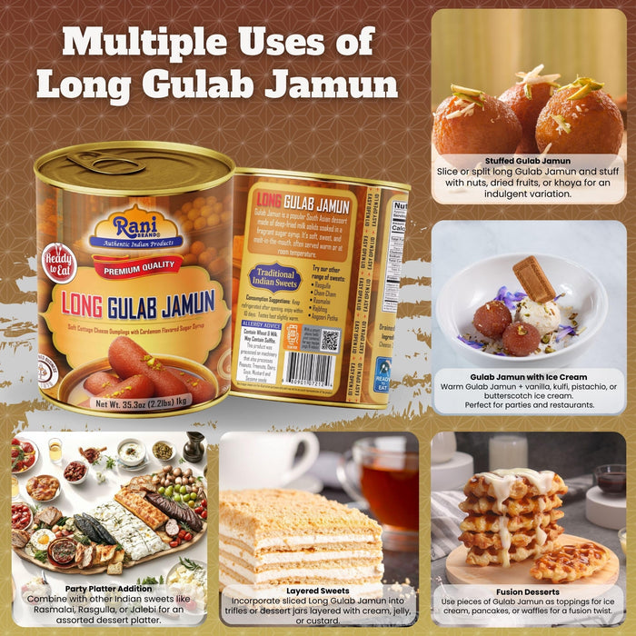 Rani Gulab Jamun Long (w/ Cardamom Flavored Sugar Syrup) 35.3oz (2.2lbs) 1kg, Approximately 14 pieces, Easy Open Lid ~ Ready to eat | Vegan | Non-GMO | Kosher | Indian Origin