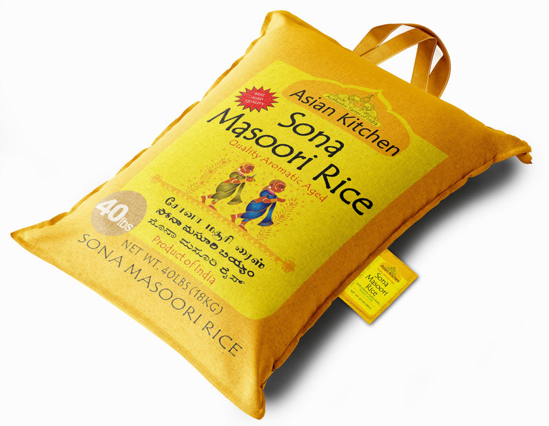 Asian Kitchen White Sona Masoori Aged Rice 40-Pound Bag, 40lbs (18.14kg) Short Grain Rice ~ All Natural | Gluten Friendly | Vegan | Indian Origin | Export Quality