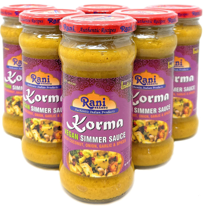 Rani Korma Curry Vegan Simmer Sauce (Rich Coconut, Onion, Garlic & Spices) 14oz (400g) Glass Jar, Pack of 5 +1 FREE ~ Easy to Use | Vegan | No Colors | All Natural | NON-GMO | Gluten Free | Indian Origin