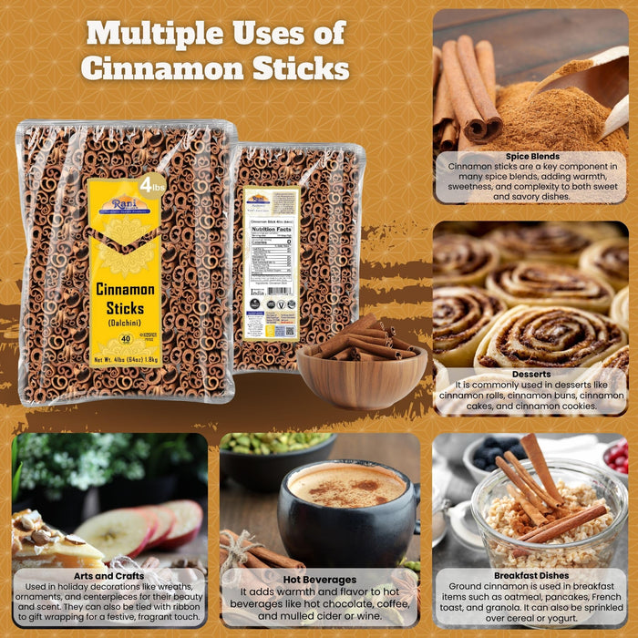 Rani Cinnamon Sticks 64oz (4lbs) 1.81kg ~ 350-400 Sticks 3 Inches in Length Cassia Round ~ All Natural | Vegan | No Color | Gluten Friendly | NON-GMO | Kosher