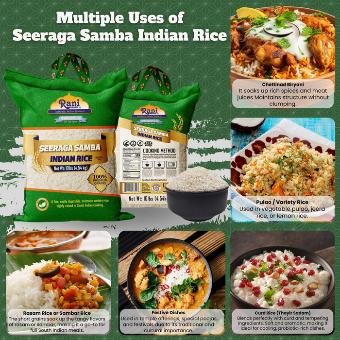 Rani Seeraga Samba Indian Rice 160oz (10lbs) 4.54kg Cloth Bag ~ All Natural | Gluten Friendly | Vegan | Kosher | Export Quality | Indian Origin