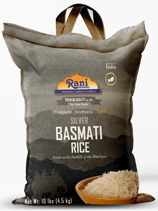 Rani Silver White Basmati Rice Extra Long Aged 10-Pound Bag, 160oz (10lbs) 4.53kg ~ All Natural | Gluten Friendly | Vegan | Indian Origin | Kosher | Export Quality