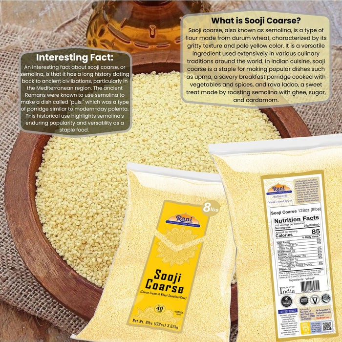 Rani Sooji Coarse (Farina, Suji, Rava, Rawa, Wheat Semolina) Flour, 128oz (8lbs) 3.63kg ~ Natural | Vegan | NON-GMO | Kosher | Indian Origin