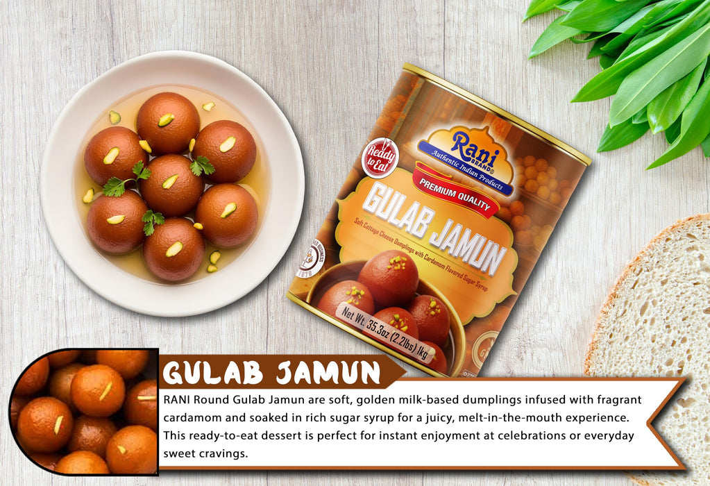 Rani Gulab Jamun Round (w/ Cardamom Flavored Sugar Syrup) 35.3oz (2.2lbs) 1kg, Approximately 14 pieces, Easy Open Lid ~ Ready to eat | Vegan | Non-GMO | Kosher | Indian Origin