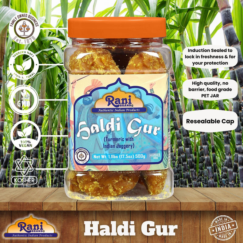 Rani Haldi Gur (Turmeric with Indian Jaggery) Indian Unrefined Raw Cane Sugar 17.5oz (1.1lbs) 500g PET Jar ~ Gluten Friendly | Vegan | NON-GMO | Kosher | No Salt or fillers | Indian Product