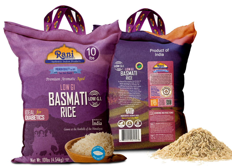 Rani White Basmati Rice Low GI (Glycemic Index) Extra Long Aged, Ideal for Diabetics, 10lbs (160oz) 4.53kg Cloth Bag ~ All Natural | Gluten Free | Vegan | Indian Origin | Export Quality