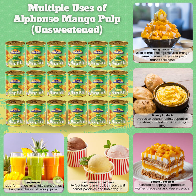 Rani Mango Pulp Puree (Makes Mango Lassi Shakes) Alphonso Unsweetened 30oz (1.875lbs) 850g Pack of 18 ~ Kosher | All Natural | NON-GMO | Vegan | No colors | Gluten Friendly | Indian Origin