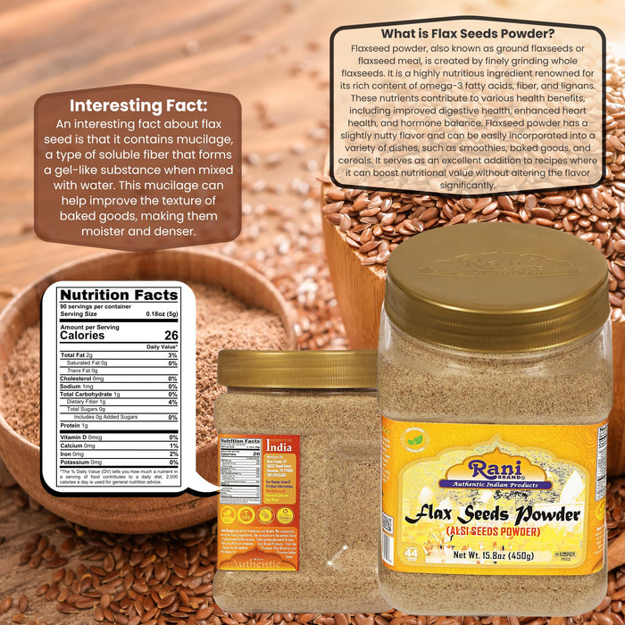 Rani Flax Seeds Powder (Alsi, Linum usitatissimum) 15.8oz (450g) PET Jar ~ All Natural | Gluten Friendly | Non-GMO | Vegan | Indian Origin