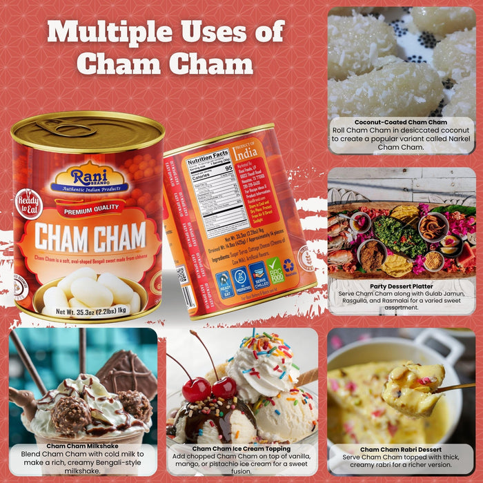 Rani Cham Cham (Oval-shaped Bengali Sweet) 35.3oz (2.2lbs) 1kg, Approximately 14 pieces, Easy Open Lid ~ Ready to eat | Gluten Free | Non-GMO | Kosher | Indian Origin