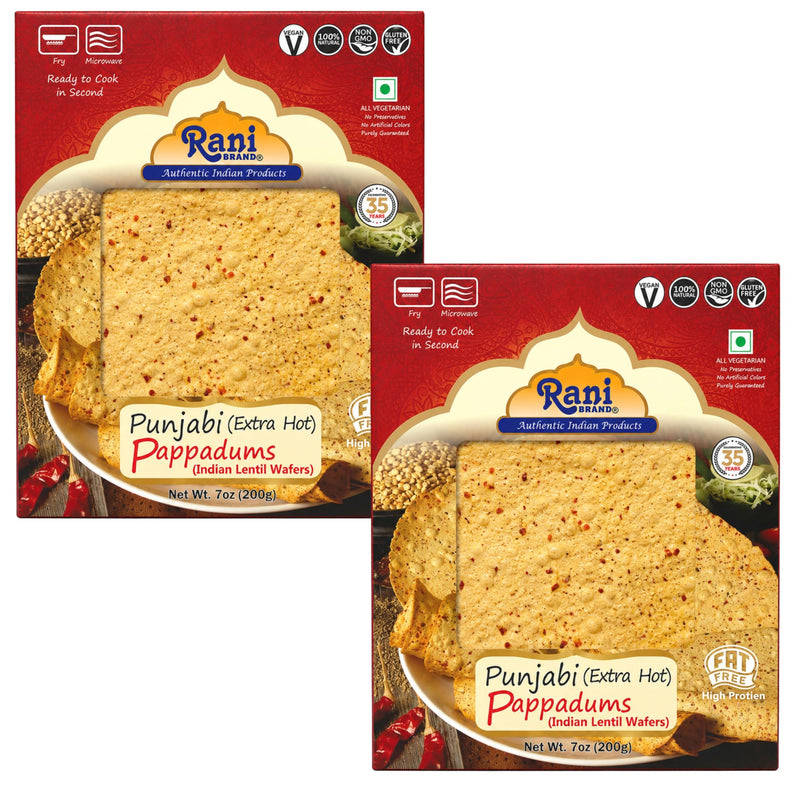 Rani Pappadums (Indian Lentil Wafer Snack) Punjabi Papad - Extra Hot, 7oz (200g) Approximately 15pc, 7 inches, Pack of 2 ~ All Natural | Gluten Friendly | NON-GMO | Vegan | Indian Origin