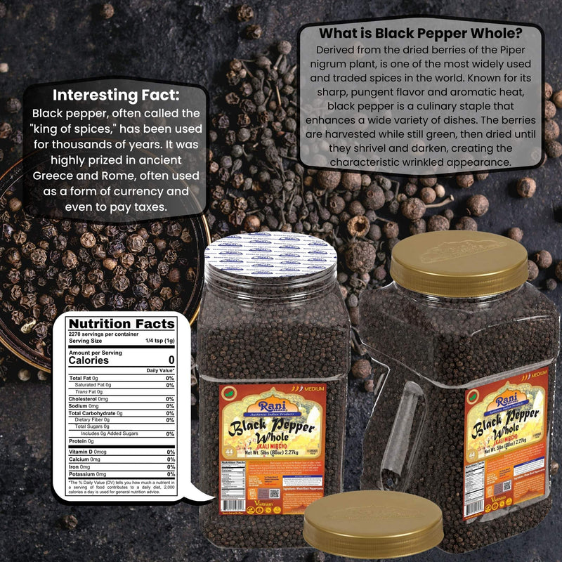 Rani Black Pepper Whole (Peppercorns), Premium Bold Tellicherry Quality 80oz (5lbs) 2.27kg Bulk PET Jar ~ All Natural | Gluten Friendly | Non-GMO | Kosher | Product of Vietnam