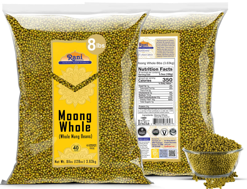 Rani Moong Whole (Ideal for cooking & sprouting, Whole Mung Beans with skin) Lentils Indian 128oz (8lbs) 3.63kg Bulk ~ All Natural | Gluten Friendly | Non-GMO | Kosher | Vegan | Indian Origin