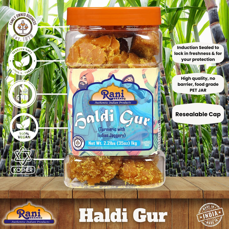 Rani Haldi Gur (Turmeric with Indian Jaggery) Indian Unrefined Raw Cane Sugar 35oz (2.2lbs) 1kg PET Jar ~ Gluten Friendly | Vegan | NON-GMO | Kosher | No Salt or fillers | Indian Product
