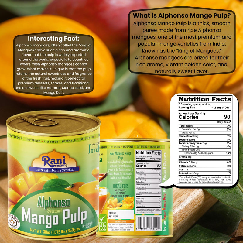 Rani Mango Pulp Puree (Makes Mango Lassi Shakes) Alphonso Sweetened 30oz (1.875lbs) 850g Pack of 2 ~ Kosher | All Natural | NON-GMO | Vegan | No colors | Gluten Friendly | Indian Origin