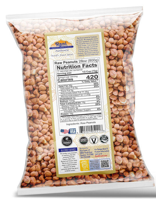 Rani Peanuts Raw Whole With Skin (uncooked, unsalted) 28oz (800g) ~ All Natural | Gluten Friendly | Kosher | Product of USA ~ Spanish Grade Groundnut/Red-skin