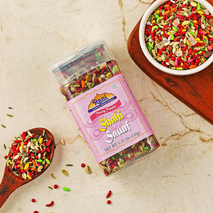Rani Shahi Saunf 5.25oz (150g) Vacuum Sealed, Easy Open Top, Resealable Container ~ Indian Tasty Treats | Vegan | Gluten Friendly | NON-GMO | Indian Origin
