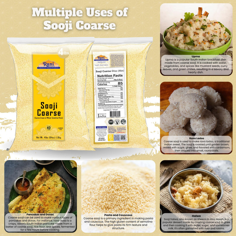 Rani Sooji Coarse (Farina, Suji, Rava, Rawa, Wheat Semolina) Flour 64oz (4lbs) 1.81kg ~ All Natural | Vegan | NON-GMO | Kosher | Indian Origin