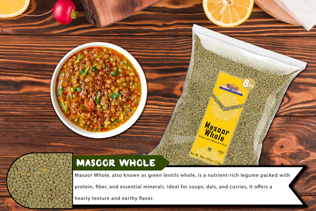 Rani Masoor Whole (Green Lentils Whole With Skin) 128oz (8lbs) 3.63kg Bulk ~ All Natural | Vegan | Gluten Friendly | Non-GMO | Kosher | Product of USA