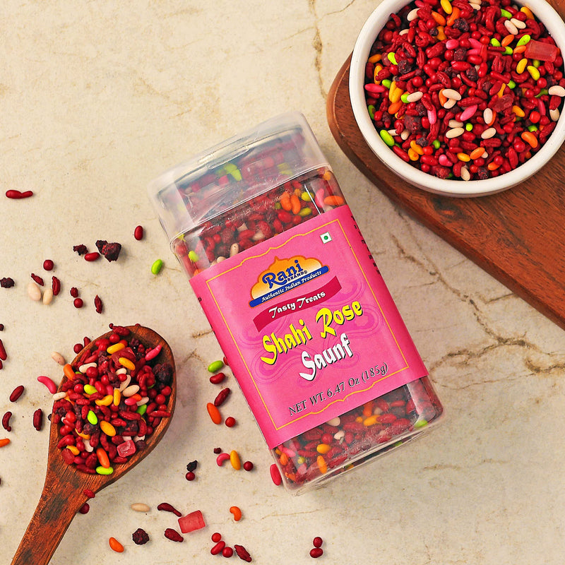 Rani Shahi Rose Saunf 6.47oz (185g) Vacuum Sealed, Easy Open Top, Resealable Container ~ Indian Tasty Treats | Vegan | Gluten Friendly | NON-GMO | Indian Origin