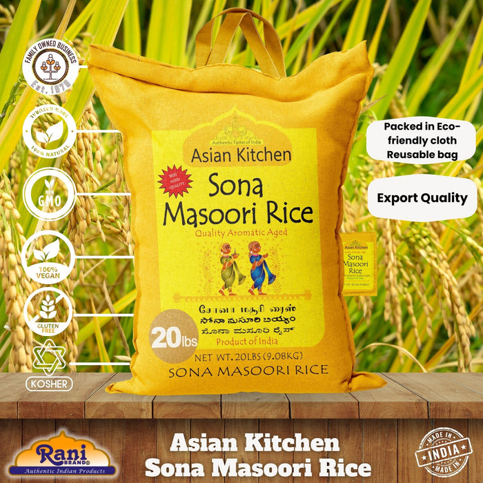 Asian Kitchen White Sona Masoori Aged Rice 20lbs (9.08kg) Short Grain Rice ~ All Natural | Gluten Friendly | Vegan | Indian Origin | Export Quality