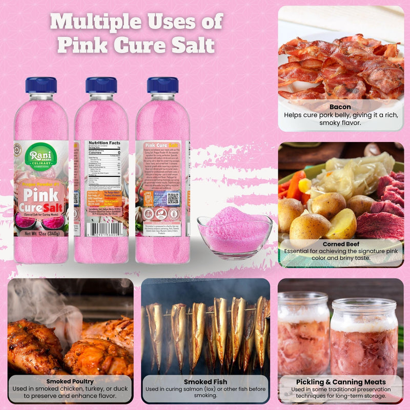 Rani Pink Cure Salt (Special Salt for Curing Meats) 12oz (340g) PET Jar ~ All Natural | Gluten Friendly | NON-GMO | Kosher | Vegan | Product of USA