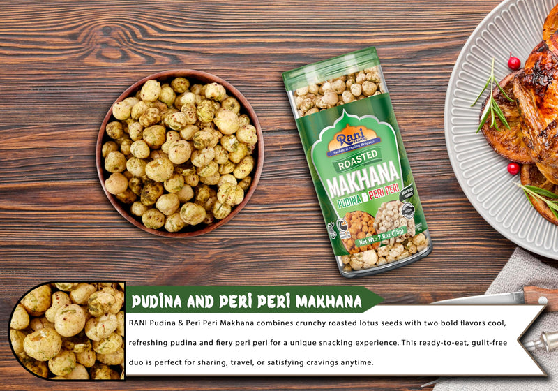 Rani Roasted Makhana (Fox Nut/Popped Lotus Seed) 2in1 Pudina & Peri Peri 2.6oz (75g) Ready to eat, Hand Picked Foxnuts ~ High in Protein | Vegan | Gluten Friendly | NON-GMO | Kosher | Indian Origin