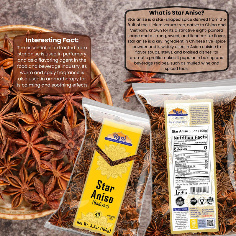 Rani Star Anise Seeds, Whole Pods (Badian Khatai) Spice 3.5oz (100g) ~ All Natural | Gluten Friendly | Kosher | Vegan | Whole Chinese Anise Star Sun Dried Spice, Anis Estrella / Illicium Verum, Widely Used for Baking, Drinks, Cooking, and Tea