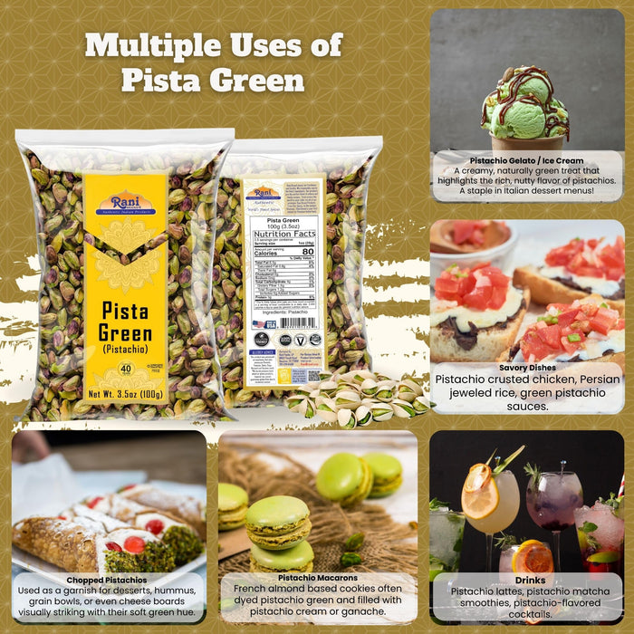 Rani Pista (Pistachio) Green 3.5oz (100g) ~ All Natural | Gluten Friendly | Vegan | NON-GMO | Kosher | No Salt or fillers | Indian Origin