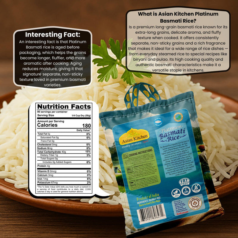 Asian Kitchen Platinum White Basmati Rice Extra Long Aged 10lbs (4.54kg) ~ All Natural | Vegan | Gluten Friendly | Indian Origin