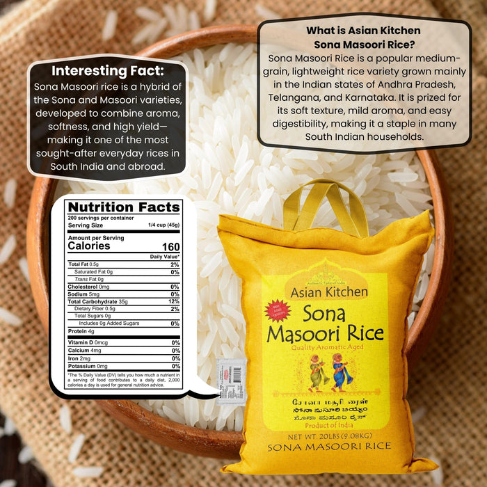 Asian Kitchen White Sona Masoori Aged Rice 20lbs (9.08kg) Short Grain Rice ~ All Natural | Gluten Friendly | Vegan | Indian Origin | Export Quality