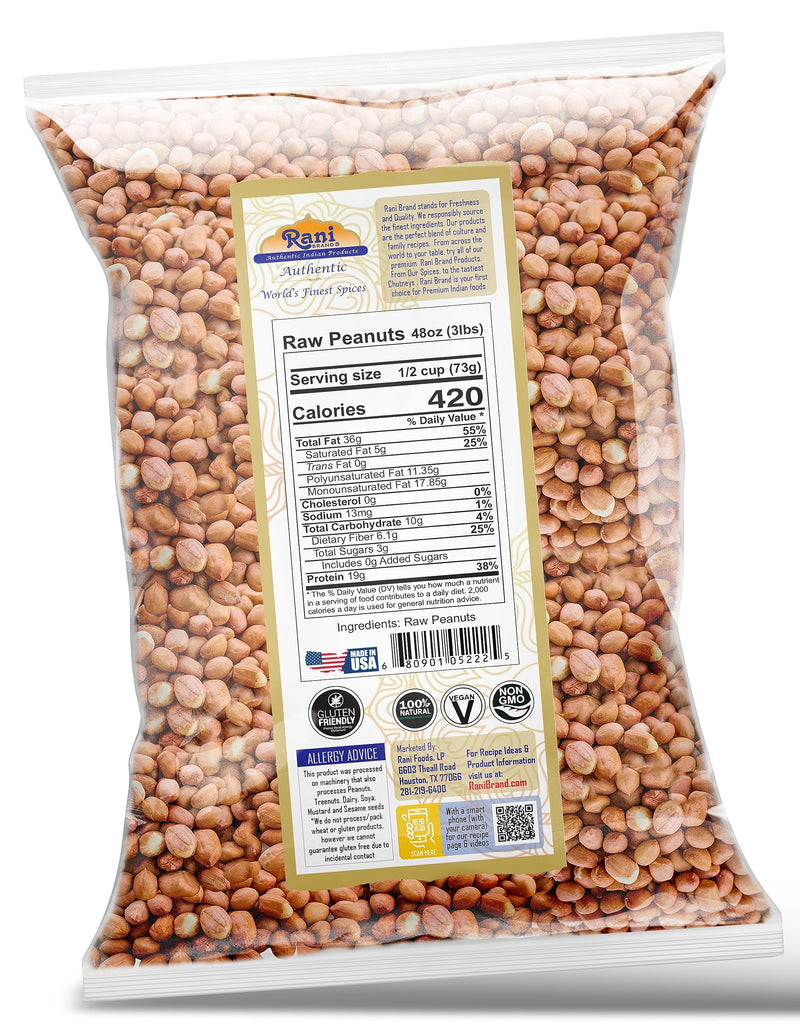 Rani Peanuts, Raw Whole With Skin (uncooked, unsalted) 48oz (3lbs) 1.36kg Bulk ~ All Natural | Vegan | Gluten Friendly | Kosher | Fresh Product of USA ~ Spanish Grade Groundnut / Red-skin
