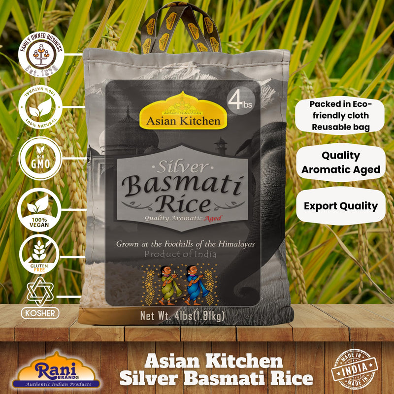 Asian Kitchen Silver White Basmati Rice Aged, 4 Pound (4lbs, 1.81kg) ~ All Natural | Gluten Friendly | Vegan | Indian Origin | Export Quality